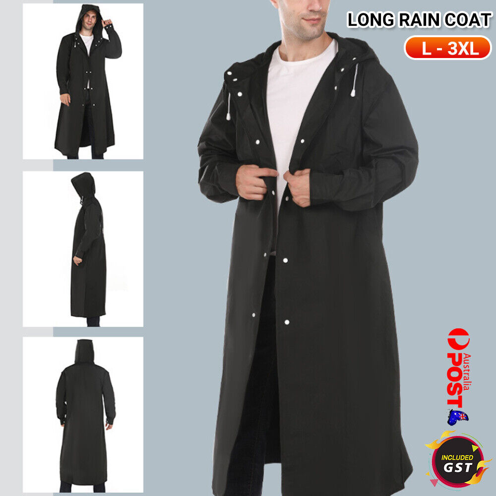 Men Black Waterproof Long Raincoat Rain Coat Hooded Trench Jacket Outdoor  Hiking