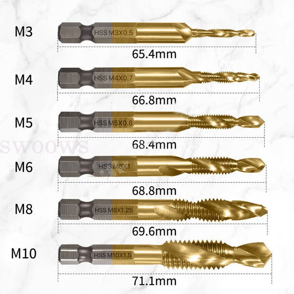 6pc X HSS Hex Shank Tap Drill Bits Metric Thread Screw Compound Tapping Set Tool