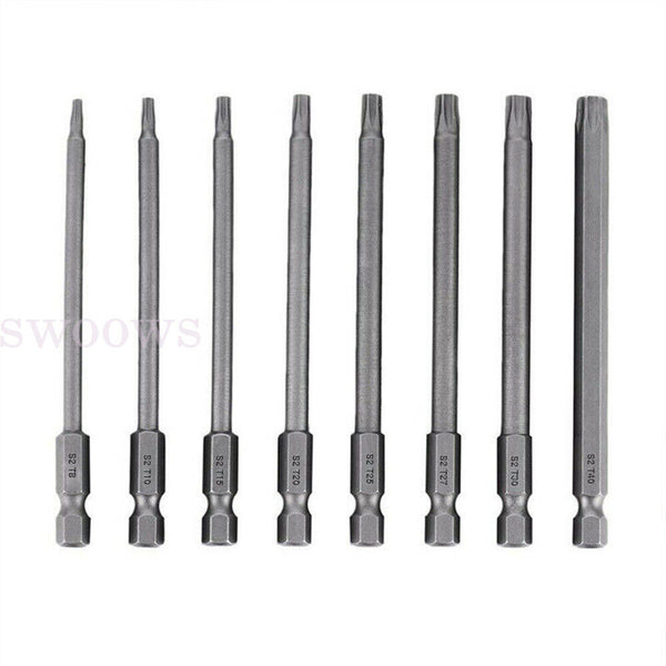 8x T8-T40 Torx Screwdriver Bit Set Hex Security Magnetic Head 100mm Long New