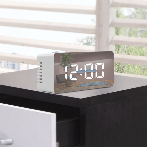 Alarm Clock Digital Led Mirror Desk Table Temperature Time Snooze USB Battery