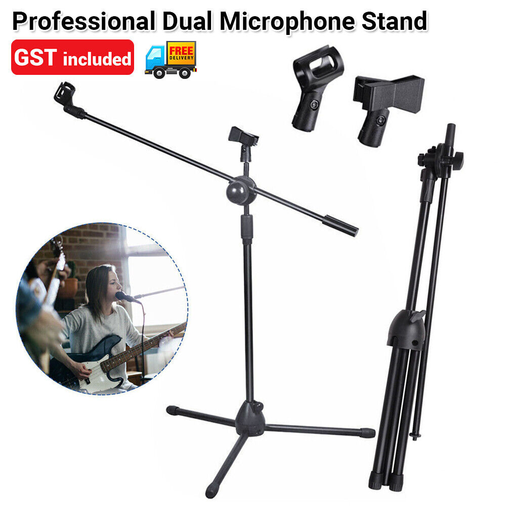 Professional Dual Microphone Stand Telescopic Boom Adjustable Mic Holder Tripod