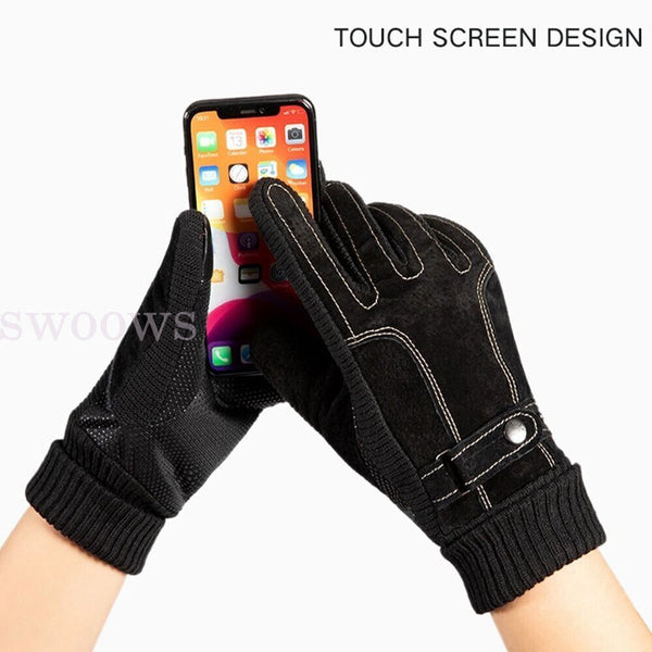 Winter Warm Men Thick Leather Gloves Driving Gloves Touch Screen Mitten Thermal