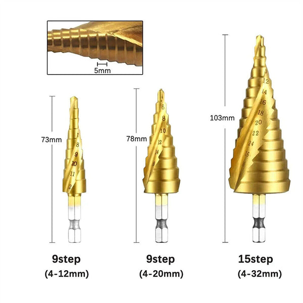 4-12/20/32mm HSS Steel Step Cone Drill Titanium Bit Set Metal Hole Cutter 3PCS