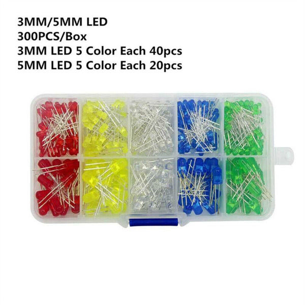 300Pcs 3V 3mm 5mm Light Emitting Diode LED Lamp Assorted Kit Red White Green AU