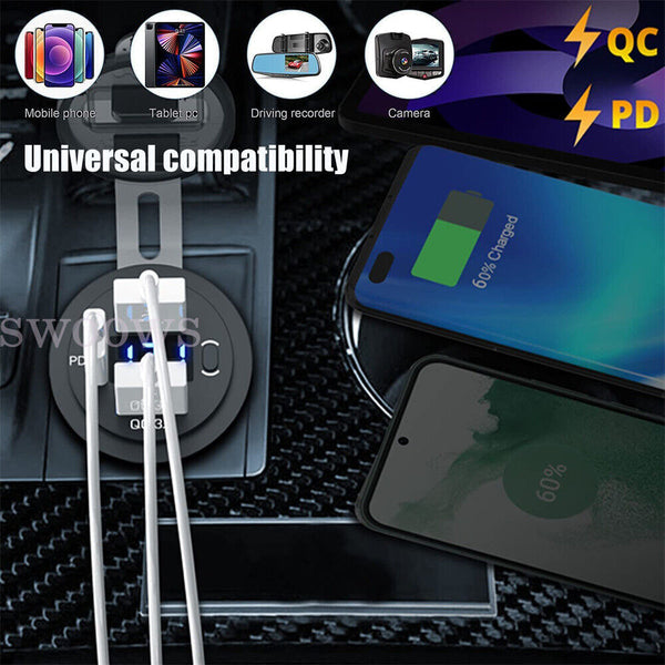 PD Type C Dual USB Car Charger QC 3.0 Charger 12V 24V Power Outlet Socket