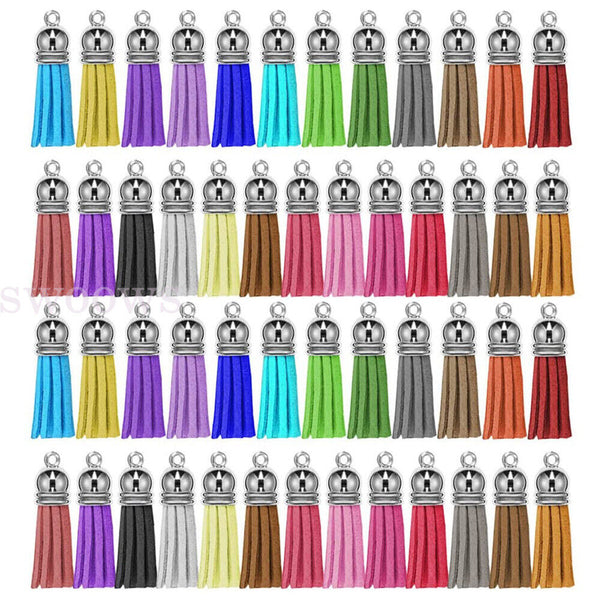 Up 60pc Leather Key Chain Ring Tassel Pendants Bulk Mixed Crafts Jewelry Making