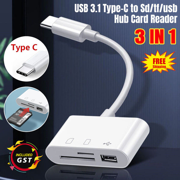 3 In 1 USB 3.1 Type-c Card Reader To SD/TF/USB Hub Adapter Micro SD Card PC