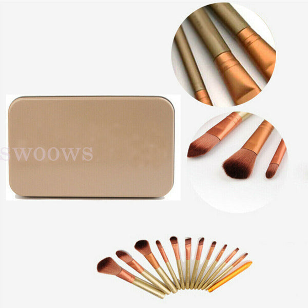 PROFESSIONAL Makeup Brush Set Cosmetic Complete Tools Powder Golden + Case 12PCs