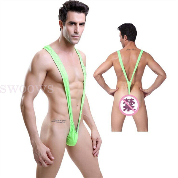 Leopard Skin Mesh Man Sexy Borat Mankini Thong Bodysuit Costume Swimsuit