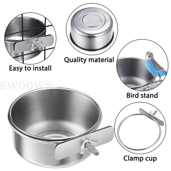 Pet Bowl Bird Feeding Dish Cup Parrot Food Water Bowl with Clamp Stainless Steel