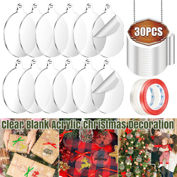 30 Pcs Clear Blank Acrylic Christmas Bauble DIY Xmas Decoration 75mm Flat Decor