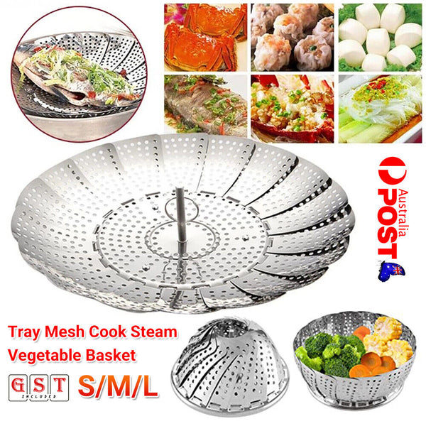 Up 2X Tray Mesh Cook Steam Vegetable Basket Stainless Steel Folding Steamer 23CM