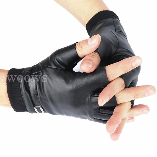 Mens Motorcycle Fingerless Leather Half Finger Driving Biker Black Gloves