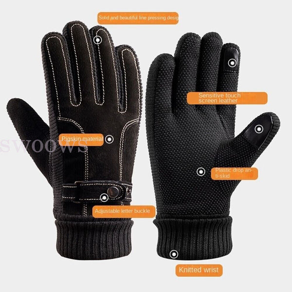 Winter Warm Men Thick Leather Gloves Driving Gloves Touch Screen Mitten Thermal