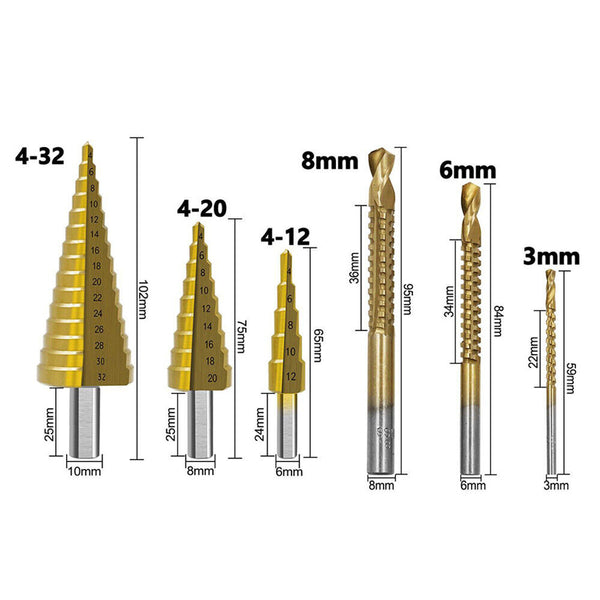 HSS 6PCS Titanium Step Drill Bit Set High Speed Reaming Pagoda Sawtooth Set AU