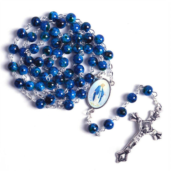 Rosary Beads Bead Blue Glass Necklace Crucifix Catholic Jesus Mary Catholic