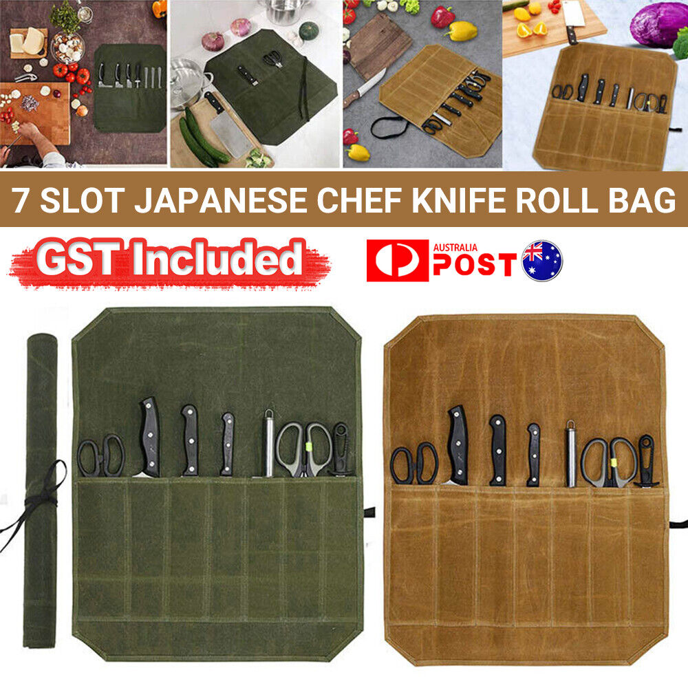 1/2 7Slot Japanese Chef Knife Roll Bag Waxed Canvas Knife Storage Case Carry Bag