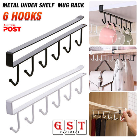 1/2x 6 Hooks Metal Under Shelf Hook Kitchen Cupboard Cabinet Mug Cup Rack Holder