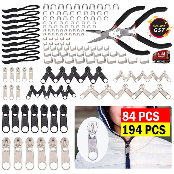 84/194PCS Zipper Replacement Head Zipper Repair Kit  Fix Zip Slider AU