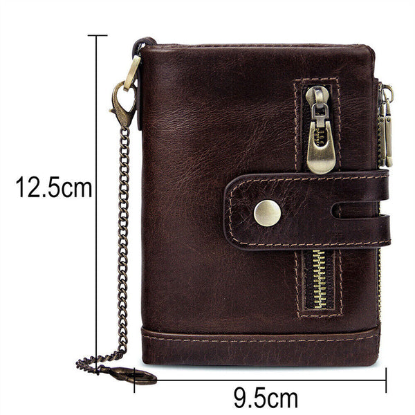 Men's RFID Blocking Wallet Genuine Leather Purse Card Slots Coins Holder Chain