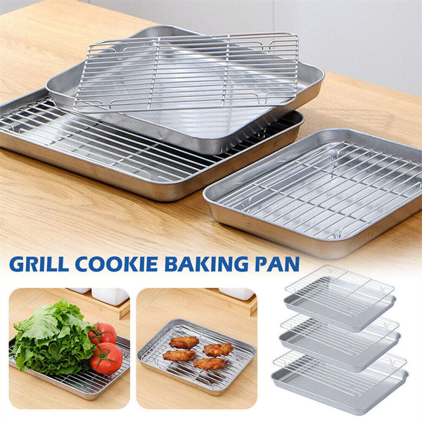 Baking Tray Set Stainless Steel Roaste Oven Sheet Pan Cooling Rack BBQ Plate AU