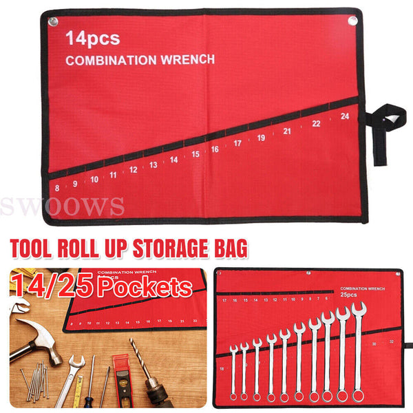 14-25 Pocket Red Canvas Spanner Wrench Storage Bag Tool Roll Up Organizer Pouch