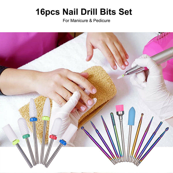 16pcs Ceramic Nail Drill Bits Set File Acrylic Manicure Pedicure Nail Tools