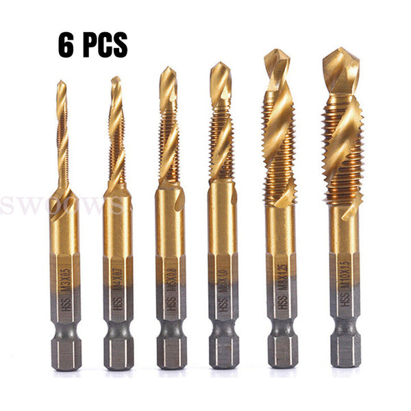 6pc X HSS Hex Shank Tap Drill Bits Metric Thread Screw Compound Tapping Set Tool