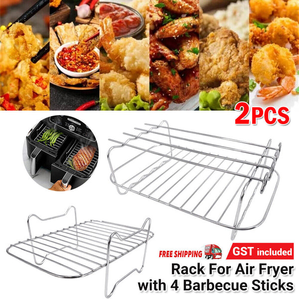 2Pcs Air Fryer Rack with 4 Barbecue Sticks for Double Basket Grill Accessories