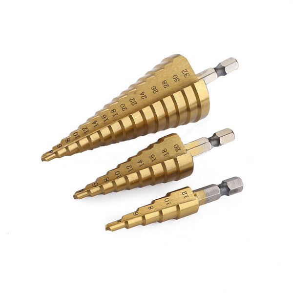 3pcs Large HSS Steel Step Cone Drill Titanium Bit Set Hole Cutter 4-12/20/32mm