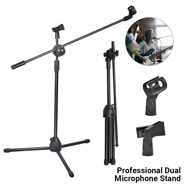 Professional Dual Microphone Stand Telescopic Boom Adjustable Mic Holder Tripod