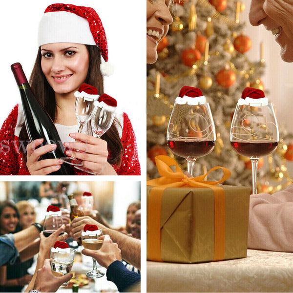 10-40pcs Xmas Hats Champagne Wine Glass Caps Christmas Holiday Party Decorations