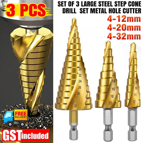 4-12/20/32mm HSS Steel Step Cone Drill Titanium Bit Set Metal Hole Cutter 3PCS