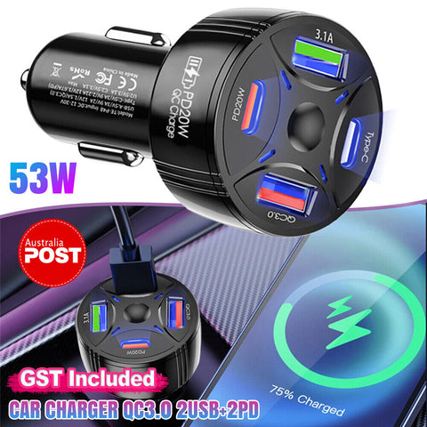 1/2x 53W 20W PD 2 USB Type C+2 USB Multi 4 Ports Fast Car Charger Adapter Socket