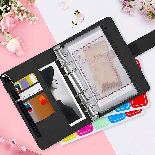 A6 PU Leather Binder Cover Binder Pockets Cash Envelope Wallet Planner Notebooks