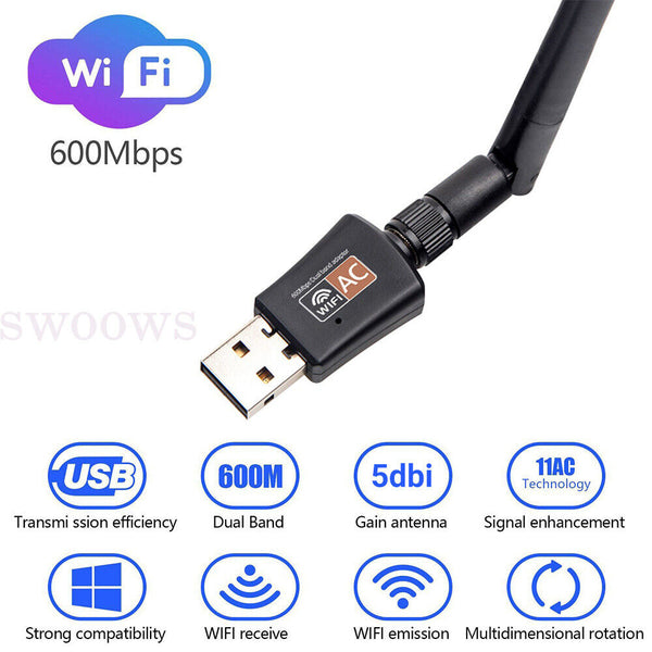 600Mbps USB WiFi Adapter Wireless Dongle Dual Band 2.4GHz/5GHz For PC Laptop