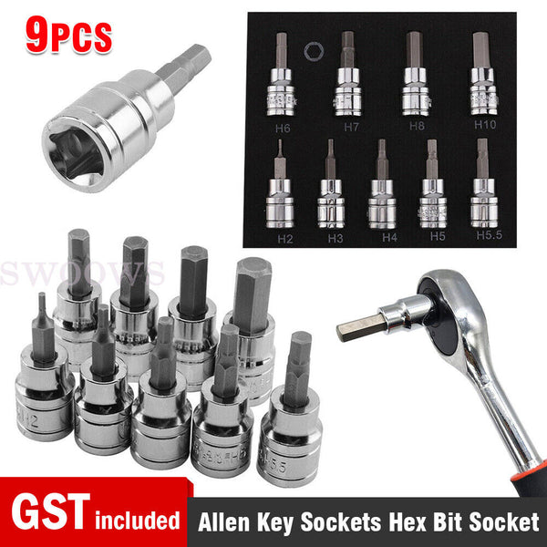 9pc Allen Key Sockets Hex Bit Socket Set 3/8 Drive & Drill Driver Metric 2-10mm