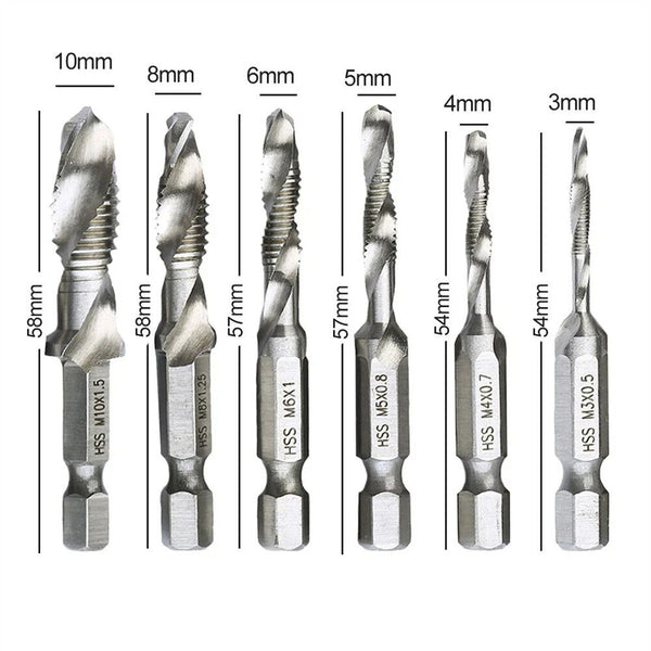 6X HSS Hex Shank Tap Drill Bits Metric Thread Screw Compound Tapping Set Tool