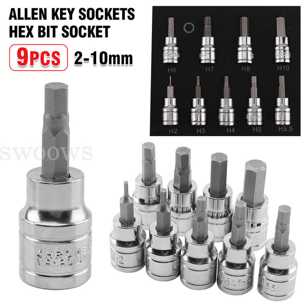 9pc Allen Key Sockets Hex Bit Socket Set 3/8 Drive & Drill Driver Metric 2-10mm