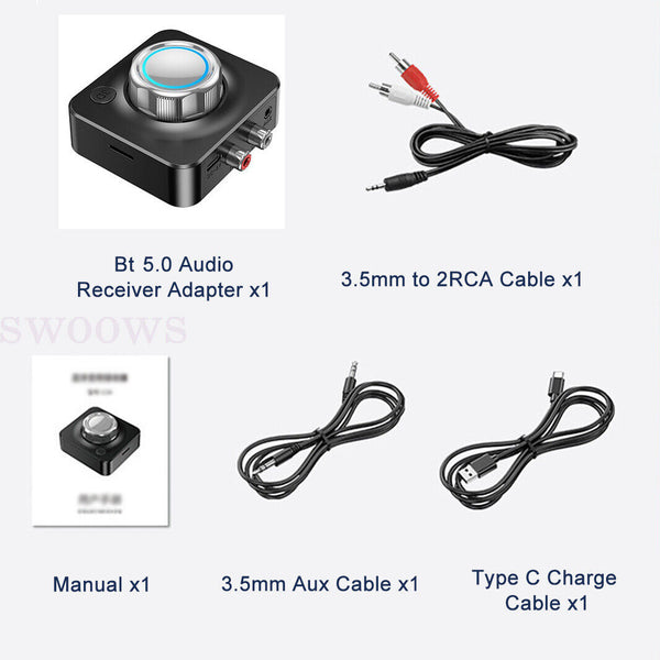 NEW Bluetooth 5.0 Audio Receiver Bar Wireless Stereo Adapter 3.5mm AUX RCA Cable