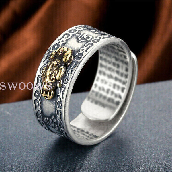 NEW Feng Shui Pixiu Mani Mantra Protection Wealth Quality Lucky Adjustable Ring