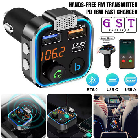 Wireless Bluetooth 5.0 Handsfree FM Transmitter PD 18W Fast Charger Car Adapter