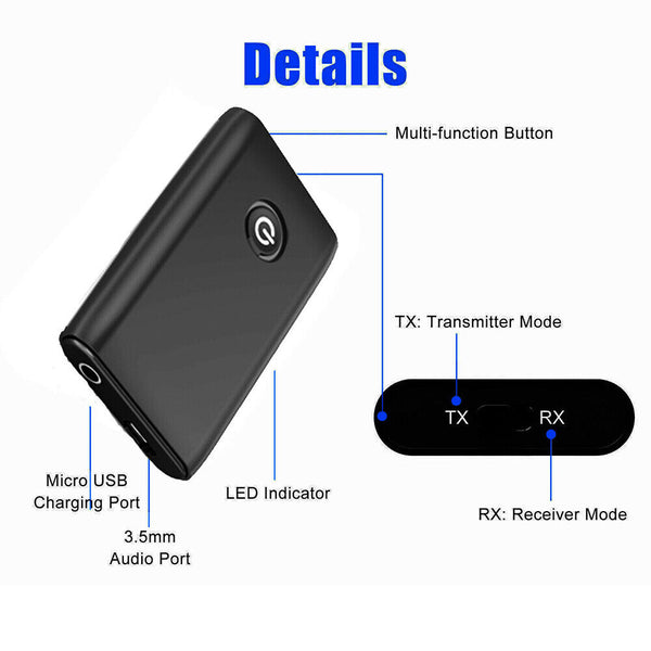 1/2X Bluetooth 5.0 Transmitter Receiver 2 in 1 Wireless Audio Aux Adapter 3.5mm