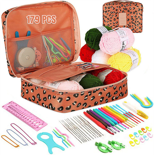 179Pcs Beginner Crochet Hooks Kit 5 Roll Yarn Knitting Needles Sewing Tools Set