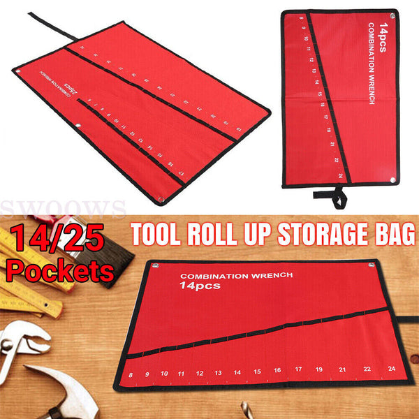 14-25 Pocket Red Canvas Spanner Wrench Storage Bag Tool Roll Up Organizer Pouch