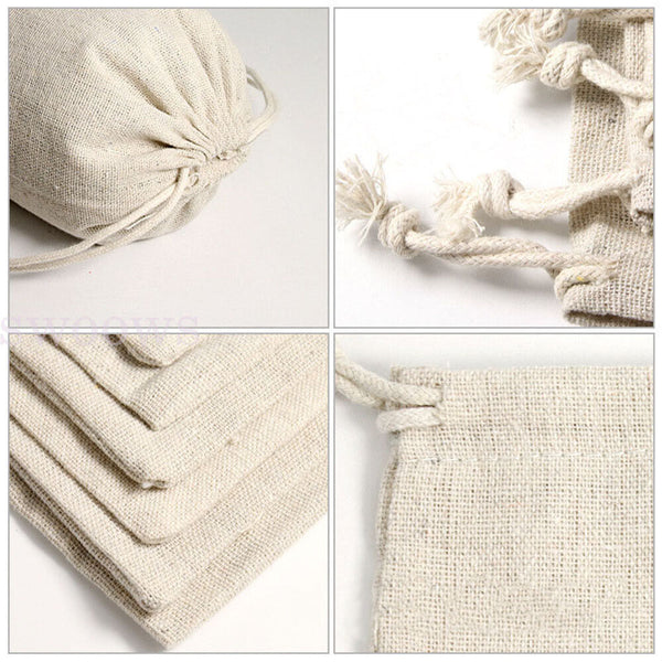 10-100X  Drawstring Storage Bags Calico Bags Natural Linen Tote Gift Bag Bulk