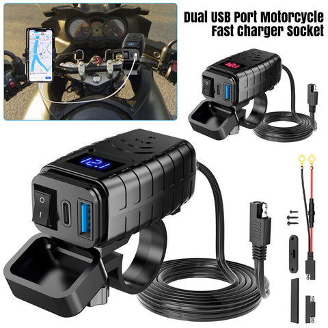 Dual USB Port Motorcycle Fast Charger Socket LED Voltmeter  ON OFF Switch Blue