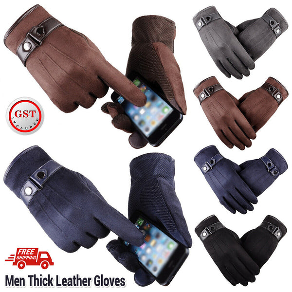 Winter Warm Men Thick Leather Gloves Driving Gloves Touch Screen Mitten Thermal