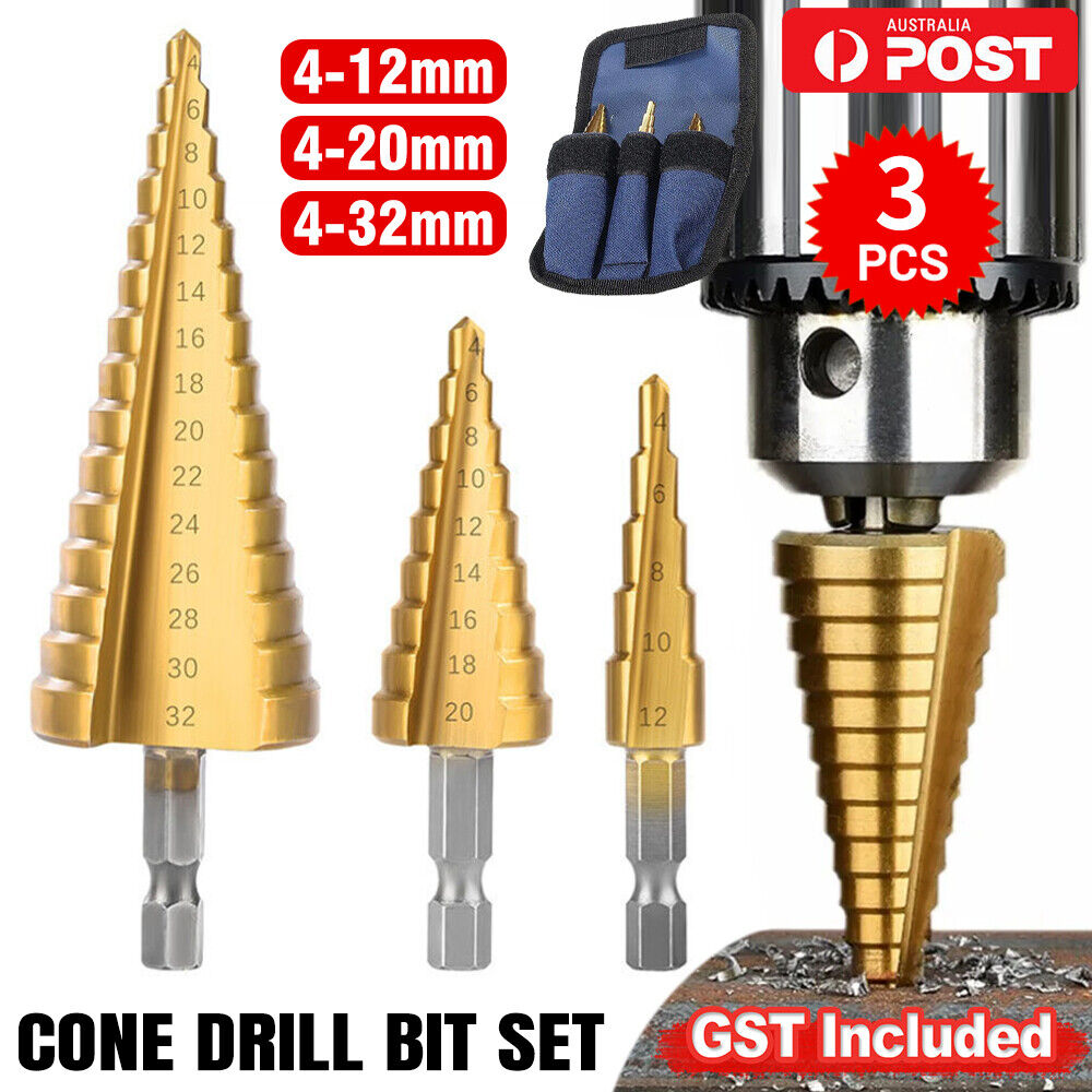 3pcs Large HSS Steel Step Cone Drill Titanium Bit Set Hole Cutter 4-12/20/32mm