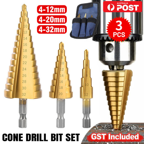 3pcs Large HSS Steel Step Cone Drill Titanium Bit Set Hole Cutter 4-12/20/32mm